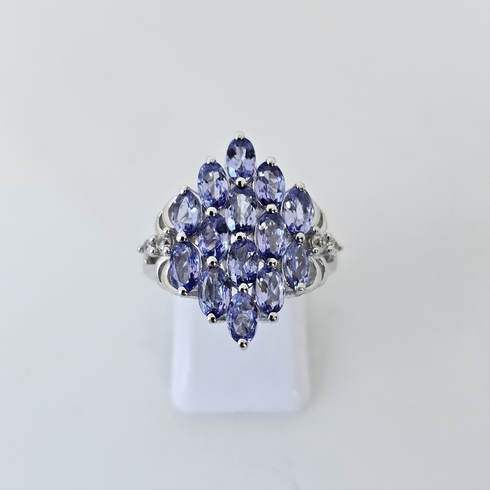 Natural Tanzanite Cluster Ring Sterling Silver Platinum Finish Size 7!